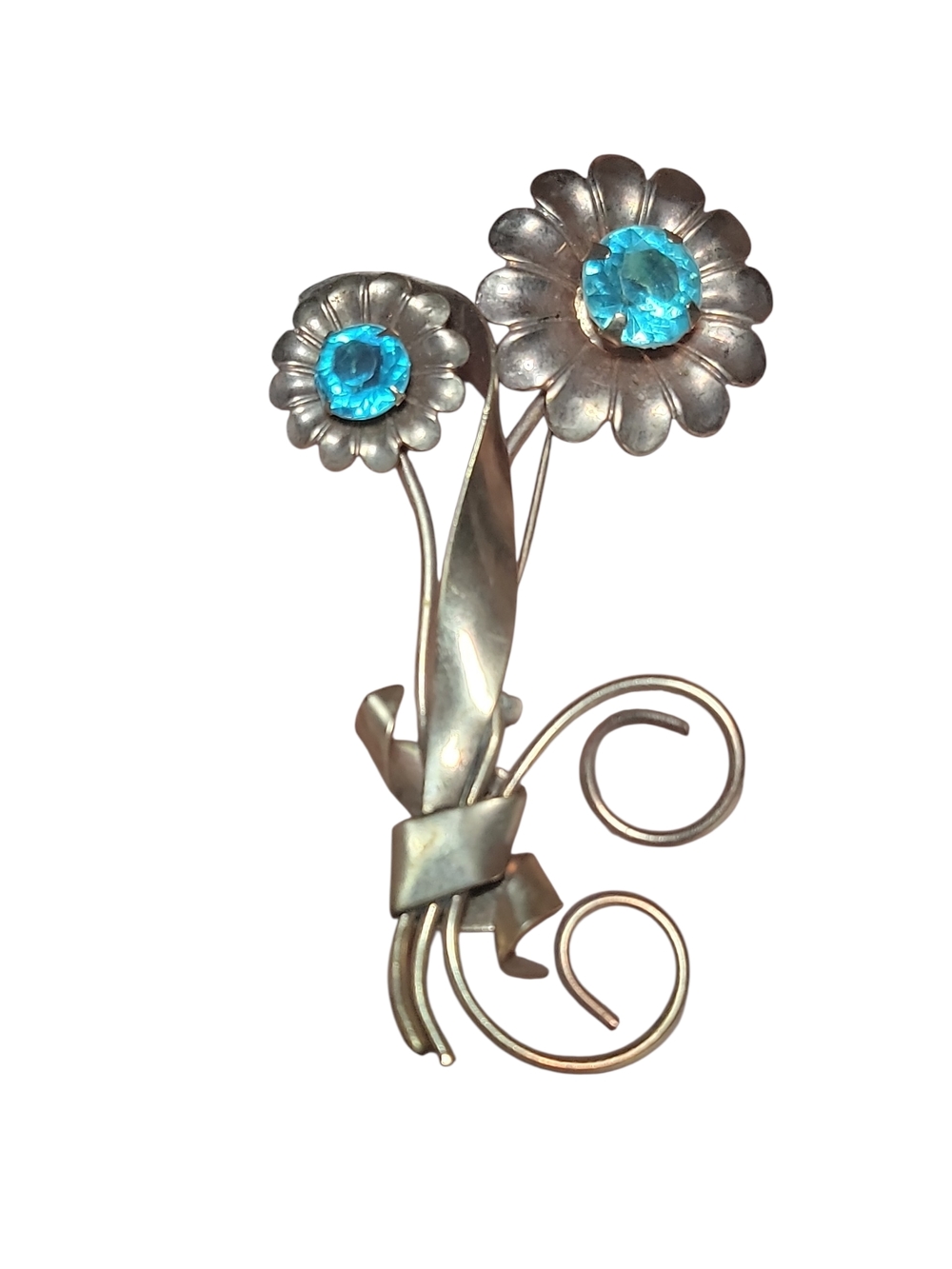 Vintage Floral Brooch Aqua Blue Rhinestone Flower Bouquet Pin 3.25"